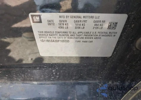 2013 Chevrolet Malibu 1Ls z USA, uszkodzony, nr VIN 1G11B5SA2DF166095